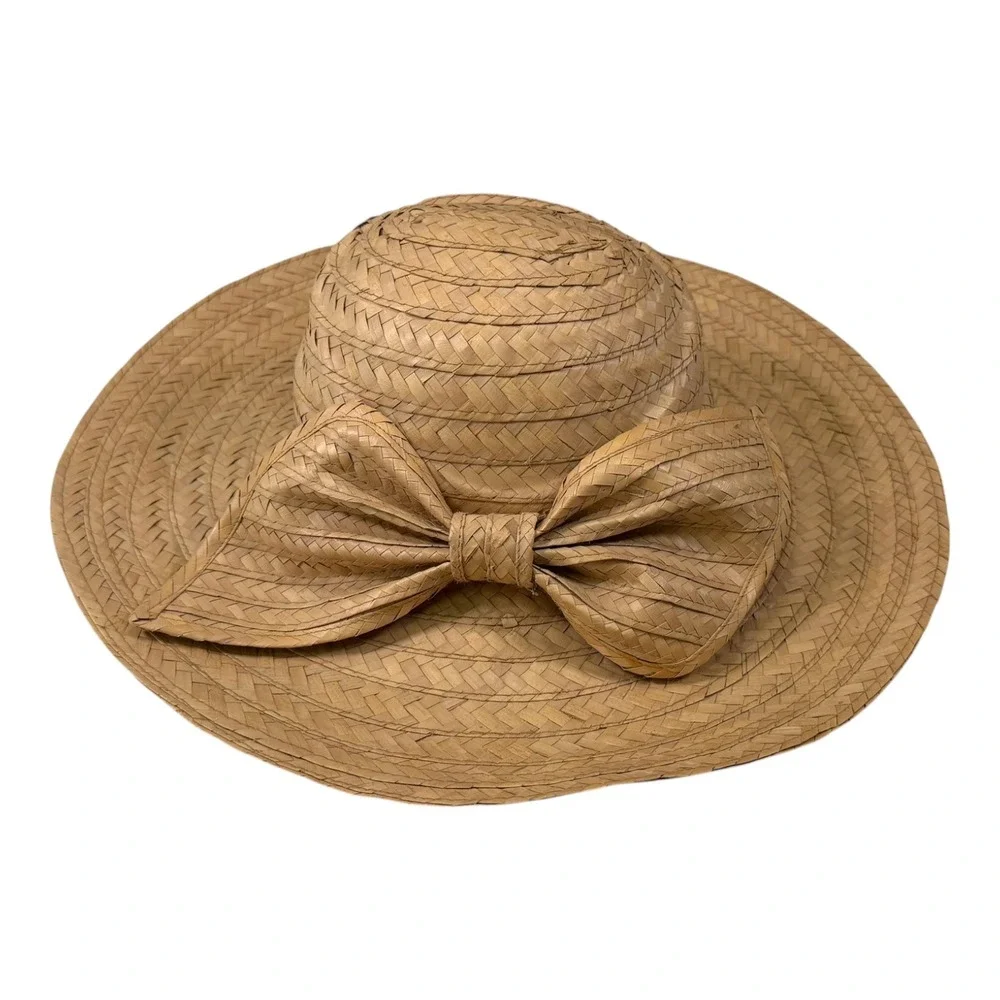 tan Straw Sun Hat Wide Brim Oversized Bow Cottagecore Coastal Summer